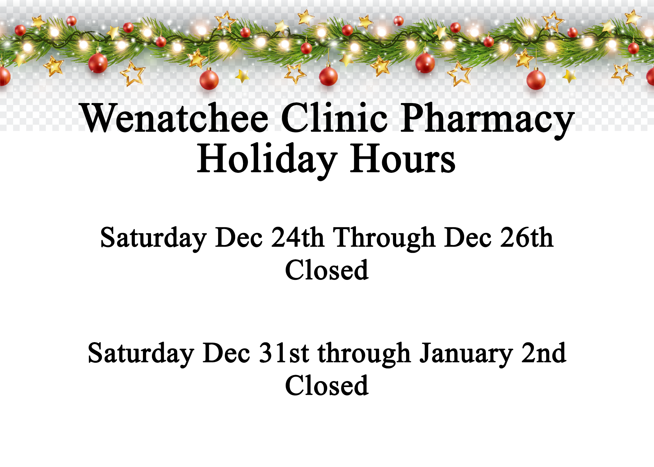 Closed December 24th through December 26th and December 31st through January 2nd.